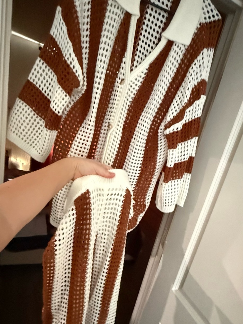 White and Brown Striped Open-Knit crochet top and pants matching set set